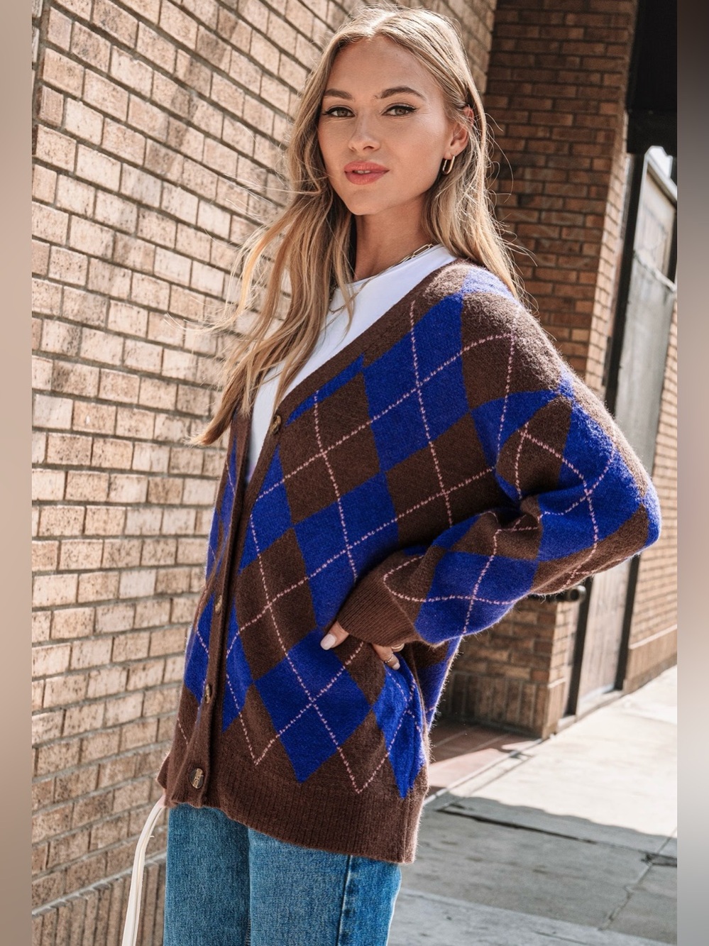 Cupshe • Women’s Cozy Blue & Brown Argyle Button-Up Cardigan Sweater Small NWT - Picture 2 of 6